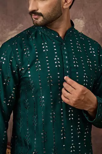 Men teal silk blend solid embroidered straight kurta with pant set