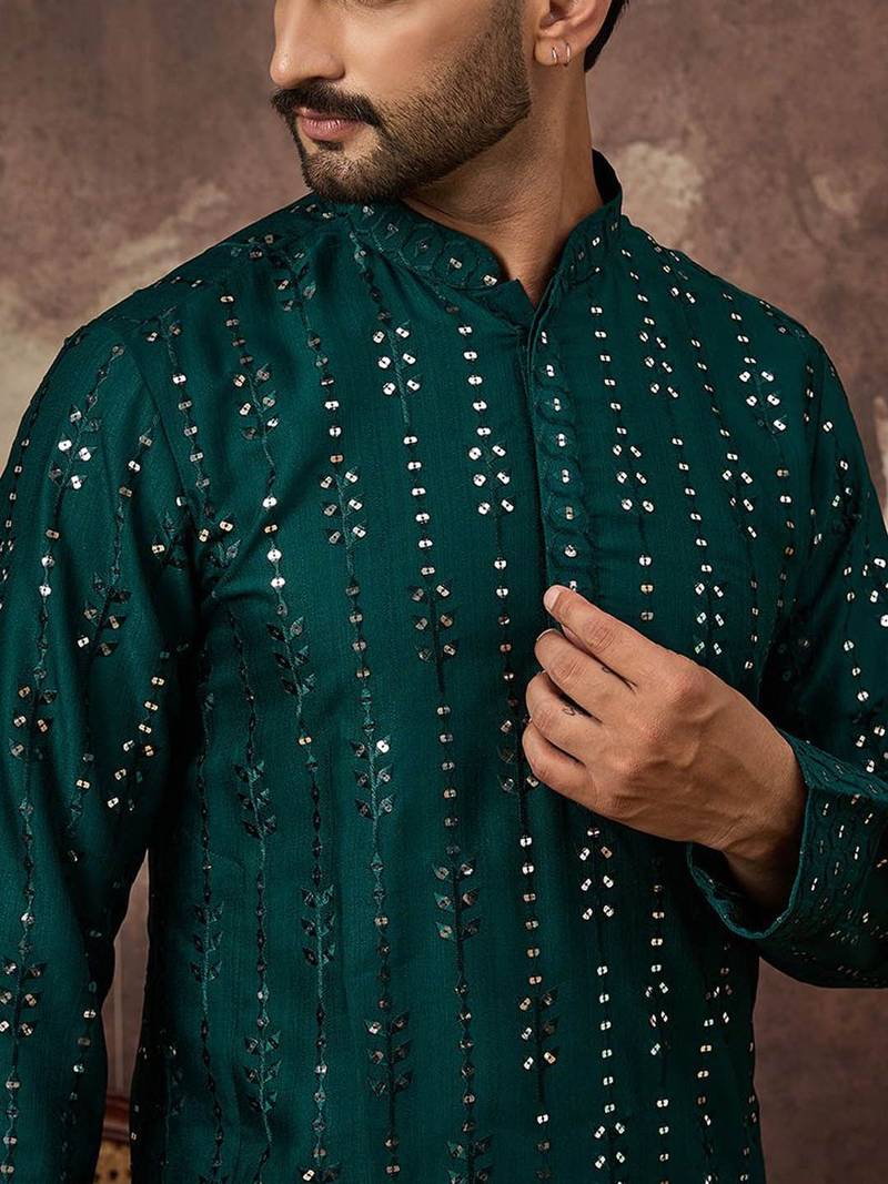 Men teal silk blend solid embroidered straight kurta with pant set