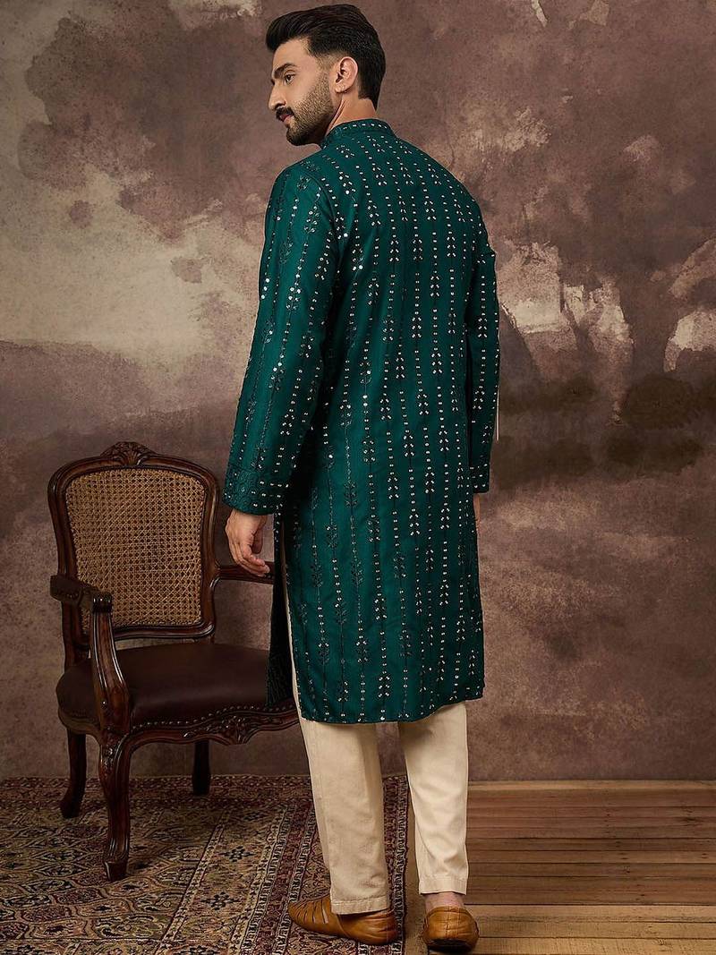 Men teal silk blend solid embroidered straight kurta with pant set