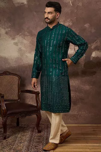 Men teal silk blend solid embroidered straight kurta with pant set