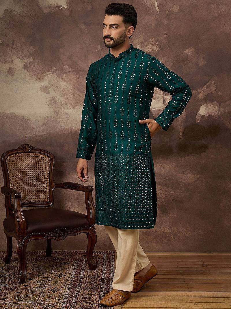 Men teal silk blend solid embroidered straight kurta with pant set