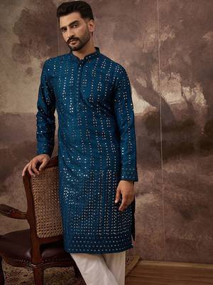 Men blue silk blend solid embroidered straight kurta with pant set 1