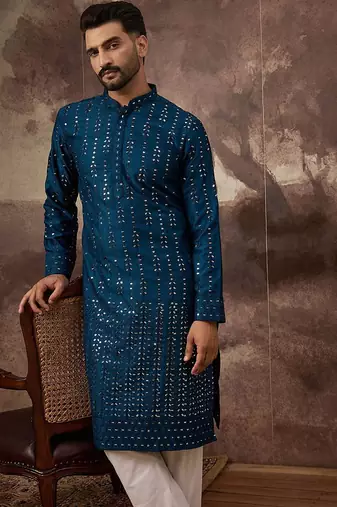 Men blue silk blend solid embroidered straight kurta with pant set