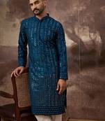Men blue silk blend solid embroidered straight kurta with pant set
