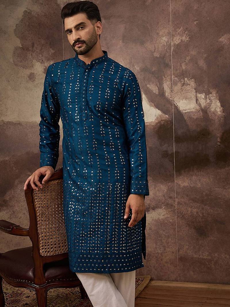 Men blue silk blend solid embroidered straight kurta with pant set