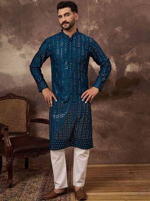 Men blue silk blend solid embroidered straight kurta with pant set 2