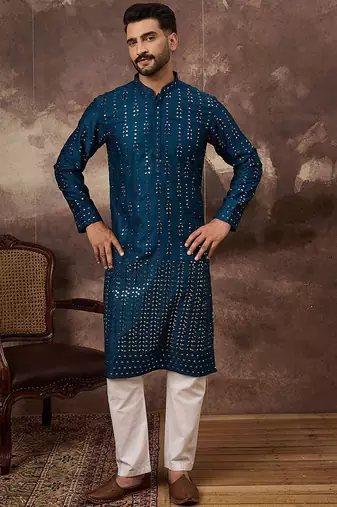 Men blue silk blend solid embroidered straight kurta with pant set