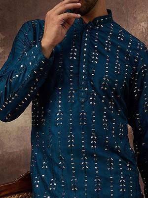 Men blue silk blend solid embroidered straight kurta with pant set 3