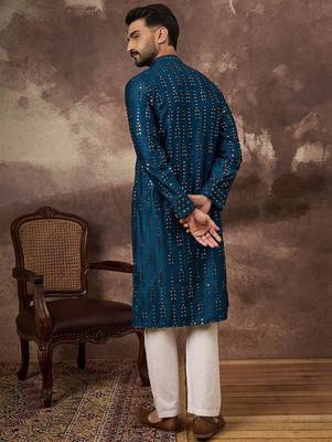 Men blue silk blend solid embroidered straight kurta with pant set 4