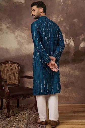 Men blue silk blend solid embroidered straight kurta with pant set