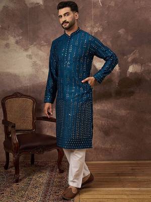 Men blue silk blend solid embroidered straight kurta with pant set 5