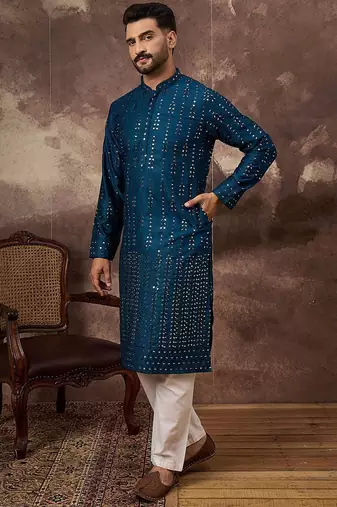 Men blue silk blend solid embroidered straight kurta with pant set