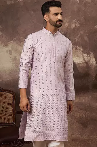 Men lavender silk blend solid embroidered straight kurta with pant set