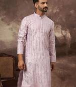Men lavender silk blend solid embroidered straight kurta with pant set