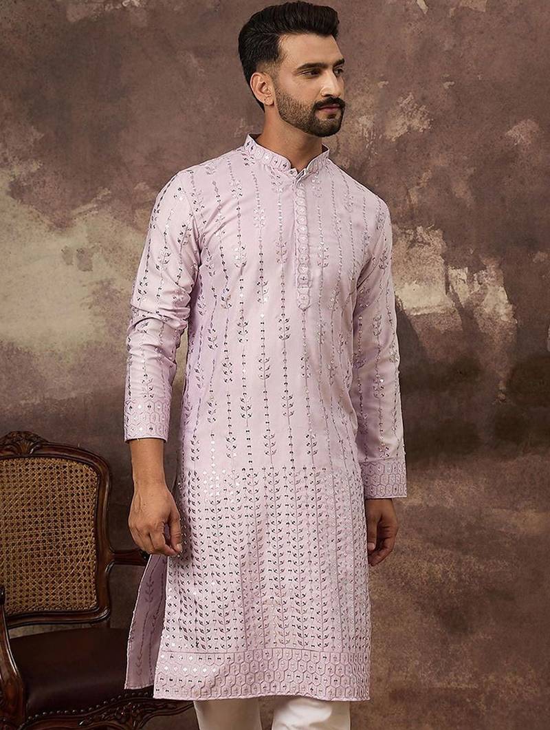 Men lavender silk blend solid embroidered straight kurta with pant set