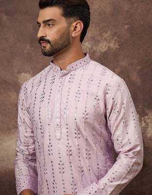 Men lavender silk blend solid embroidered straight kurta with pant set 2