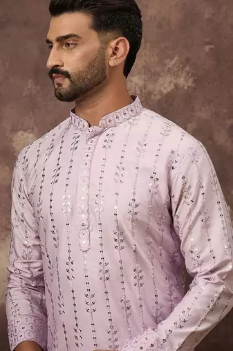 Men lavender silk blend solid embroidered straight kurta with pant set