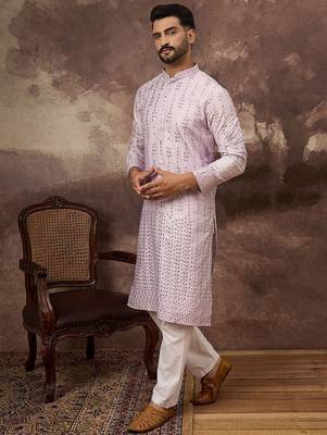 Men lavender silk blend solid embroidered straight kurta with pant set 3