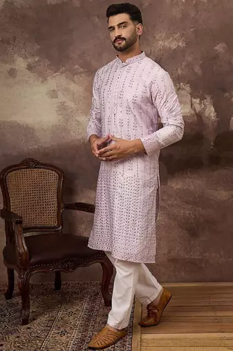 Men lavender silk blend solid embroidered straight kurta with pant set