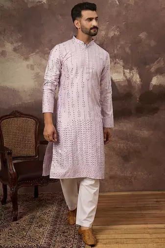 Men lavender silk blend solid embroidered straight kurta with pant set