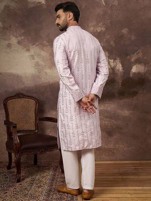 Men lavender silk blend solid embroidered straight kurta with pant set 5