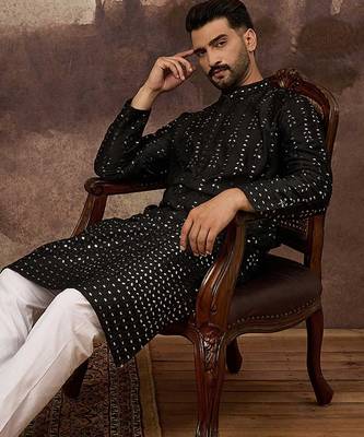 Men black silk blend solid embroidered straight kurta with pant set 1