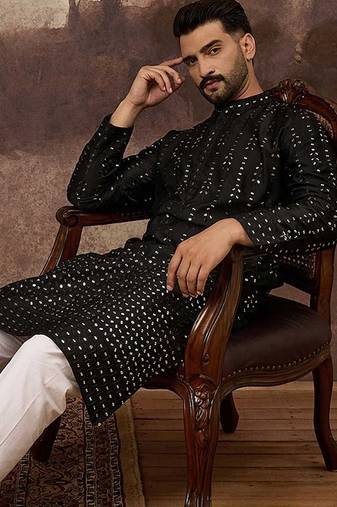 Men black silk blend solid embroidered straight kurta with pant set