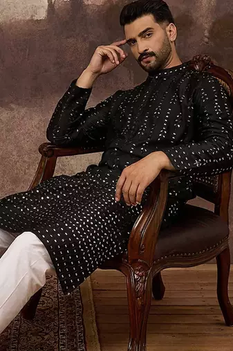 Men black silk blend solid embroidered straight kurta with pant set