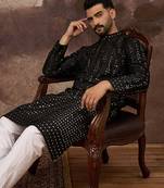 Men black silk blend solid embroidered straight kurta with pant set
