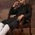Men black silk blend solid embroidered straight kurta with pant set