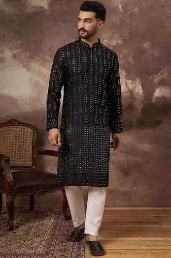 Men black silk blend solid embroidered straight kurta with pant set