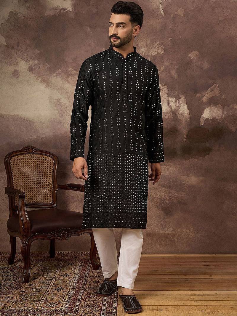 Men black silk blend solid embroidered straight kurta with pant set