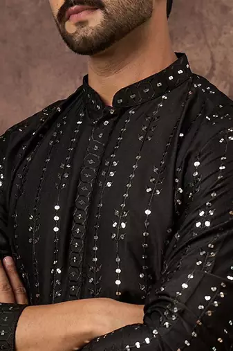 Men black silk blend solid embroidered straight kurta with pant set