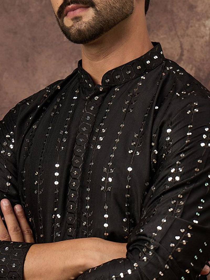 Men black silk blend solid embroidered straight kurta with pant set