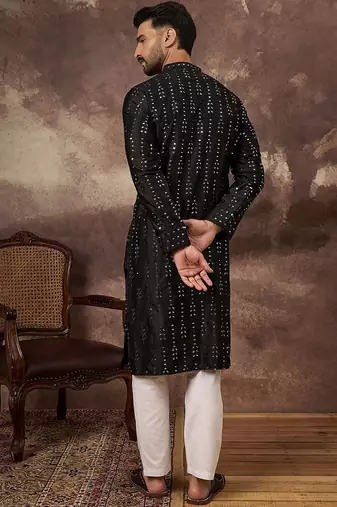 Men black silk blend solid embroidered straight kurta with pant set