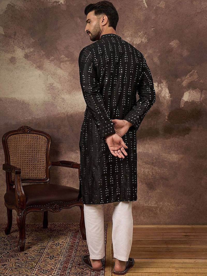 Men black silk blend solid embroidered straight kurta with pant set