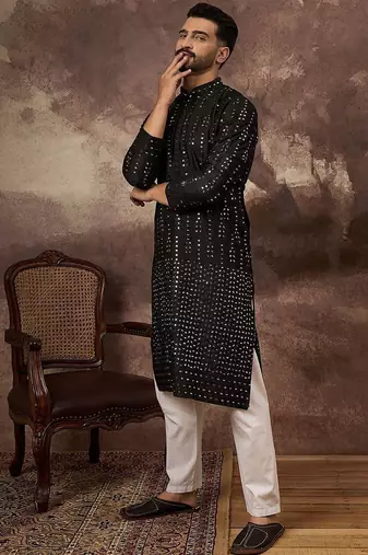 Men black silk blend solid embroidered straight kurta with pant set