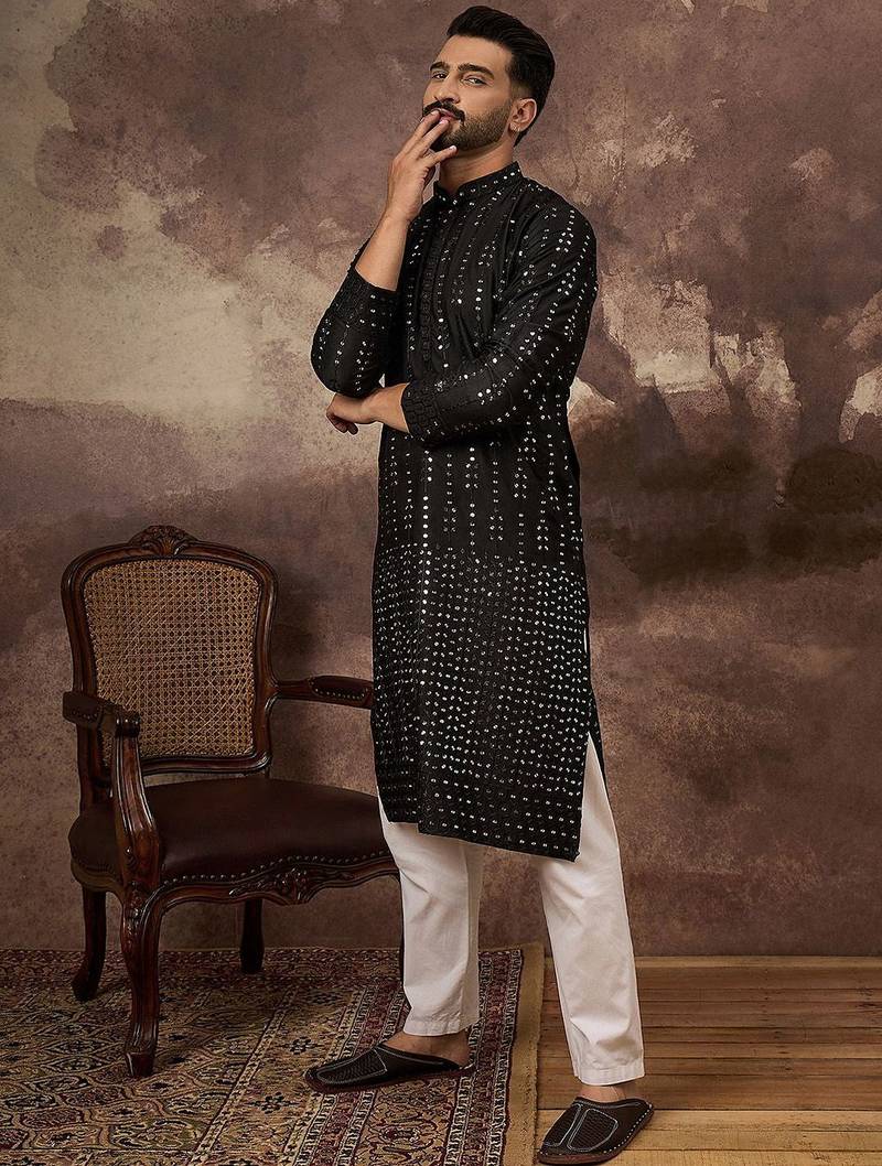 Men black silk blend solid embroidered straight kurta with pant set