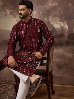 Men maroon silk blend solid embroidered straight kurta with pant set 1