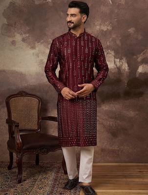 Men maroon silk blend solid embroidered straight kurta with pant set 2