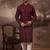 Men maroon silk blend solid embroidered straight kurta with pant set