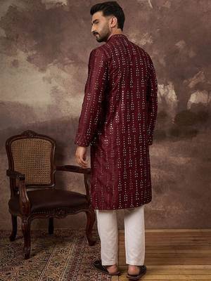 Men maroon silk blend solid embroidered straight kurta with pant set 4