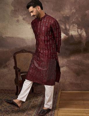 Men maroon silk blend solid embroidered straight kurta with pant set 5