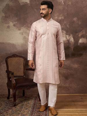 Men pink silk blend solid embroidered straight kurta with pant set 1