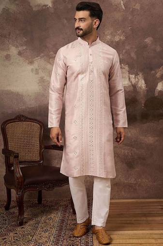 Men pink silk blend solid embroidered straight kurta with pant set