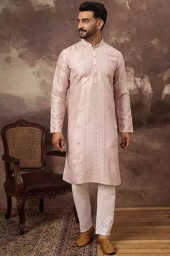Men pink silk blend solid embroidered straight kurta with pant set