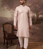Men pink silk blend solid embroidered straight kurta with pant set