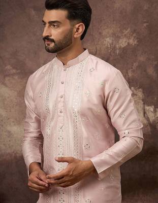Men pink silk blend solid embroidered straight kurta with pant set 2