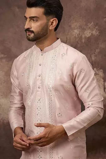 Men pink silk blend solid embroidered straight kurta with pant set