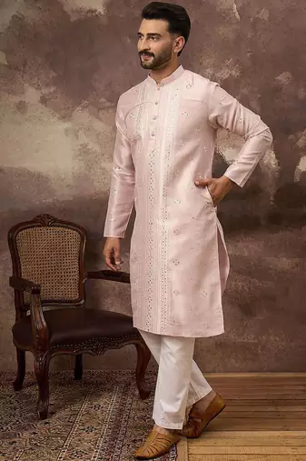 Men pink silk blend solid embroidered straight kurta with pant set